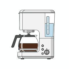 An illustrated coffee maker, with a glass carafe full of coffee