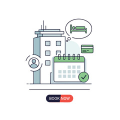Illustrated hotel booking concept with icons of building, calendar, bed, and credit card
