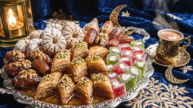 Traditional Middle Eastern sweets and coffee on a decorative tray, perfect for Ramadan or Eid celebrations.