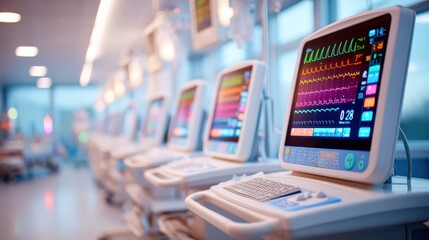 A row of advanced medical monitors displaying vital signs in a modern healthcare facility, emphasizing the importance of technology in patient care.