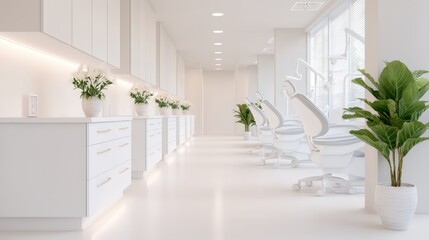 Fototapeta premium A modern dental clinic featuring bright interiors, white cabinetry, dental chairs, and decorative plants, creating a clean and inviting atmosphere.