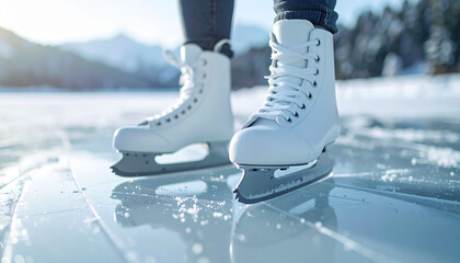 White ice skates on frozen lake, snowy mountain scenery on backdrop, calm and peaceful winter
