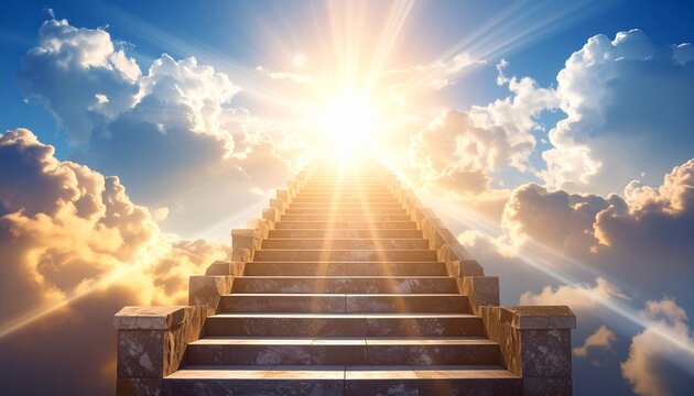 Dramatic long stone staircase ascending towards the vibrant, dazzling sun in a mystical blue sky filled with golden white clouds, symbolizing heavenly spiritual path, opportunity, redemption, and achi