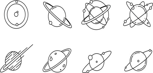 Minimal Saturn Planet Line Icon Set with Rings Showing Atomic Style Space Symbols for Astronomy, Science, Technology and Modern Graphic Design Projects © Sujoy