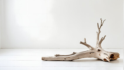 Dry wooden branch or driftwood isolated on white floor and background, natural rustic decoration element, minimalism art concept.
