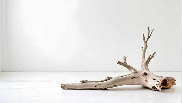 Dry wooden branch or driftwood isolated on white floor and background, natural rustic decoration element, minimalism art concept.