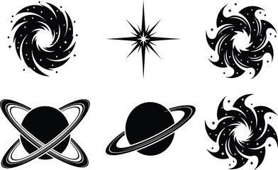 Abstract Space Icon Set with Galaxies, Stars and Saturn Planets in Black Silhouette Style for Astronomy and Modern Graphic Design Use © Sujoy