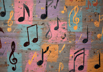 Hand-painted music note pattern on colorful wood squares in playful artistic style for creative backgrounds
