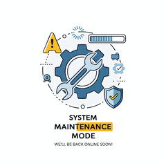 Graphic illustrating system maintenance wrench, gear, warning, loading bar