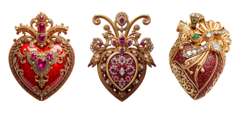 Antique vintage heart-shaped golden pendant with gemstones isolated on transparent background