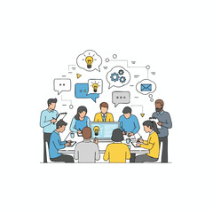 A stylized illustration of a team brainstorming, with thought bubbles and a laptop