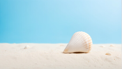 Obraz premium Single white seashell on sandy beach with clear blue sky background, summer vacation and tropical travel concept, minimalism.