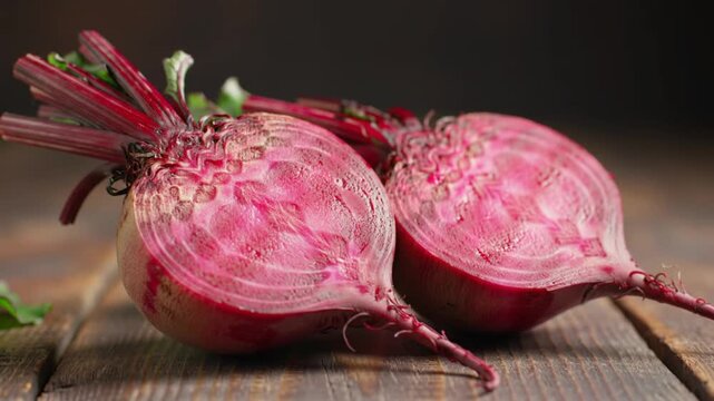 Fresh beetroot halved on a wooden surface with dark background.
