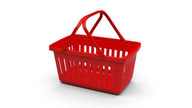Vibrant red plastic shopping basket with handles for grocery and retail use