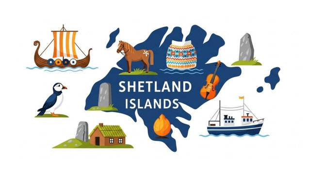 Shetland islands map illustration with various scottish cultural icons and landmarks