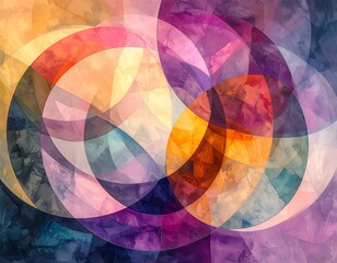 Abstract geometric composition featuring translucent overlapping circles, vibrant colors, and watercolor textures