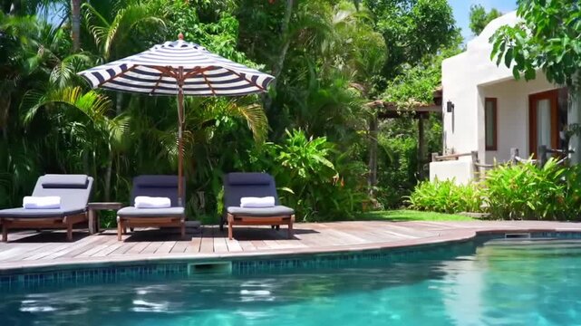 Lounge chairs and umbrella by pool at a tropical resort with lush greenery.