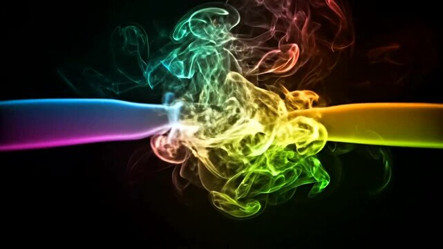 Abstract colorful smoke plumes swirling on a dark background, creating a vibrant and dynamic visual effect.