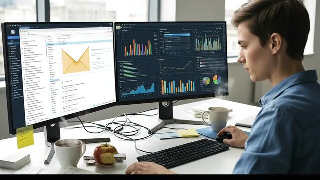 Young man working on computer with multiple screens showing data and email in a modern office environment.