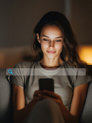Young woman using a smartphone with a search bar overlay, representing online browsing, SEO, data research, and internet information discovery at home.