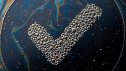 Checkmark Made of Bubbles on Iridescent Surface.