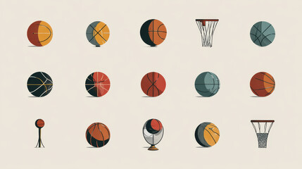 Fototapeta premium Set of basketball icons presented in multiple styles, including flat design, suitable for sports apps, web interfaces, branding, and graphic projects.