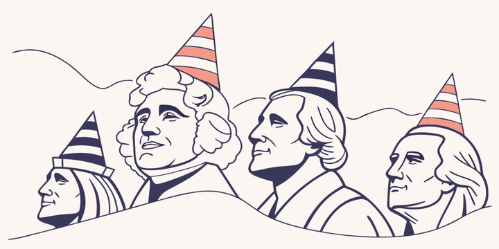 USA, US, U.S, United States - Stylized illustration of us presidents on mount rushmore wearing party hats with line art cone hats presidents illustration stylized celebration

