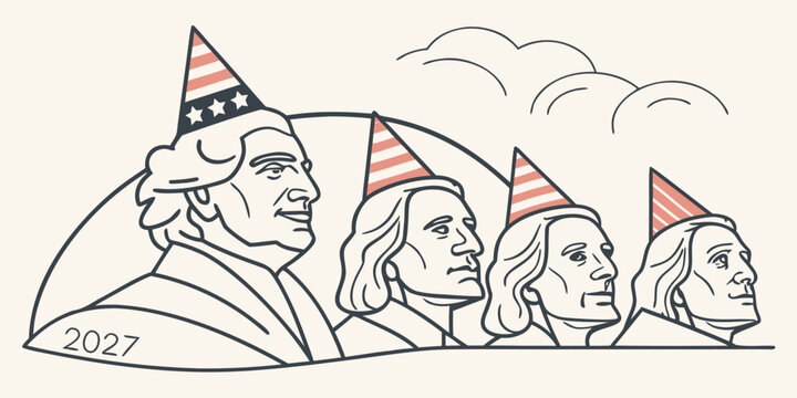 USA, US, U.S, United States - Mount rushmore presidents illustration with party hats and new year 2027 george washington thomas jefferson theodore roosevelt abraham lincoln
