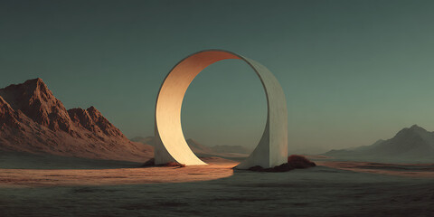 An Abstract Desert Gateway: An artistic structure, a glowing arch, stands prominently amidst a tranquil desert landscape, evoking a sense of wonder and surreal beauty. 