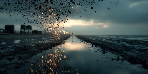 Unforeseen Path: A solitary figure navigates a flooded path toward an enigmatic horizon, the landscape echoing both desolation and perseverance. 