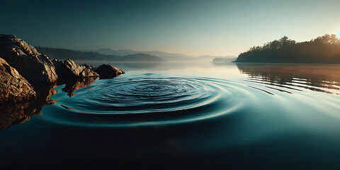 Serene Ripples: A captivating scene unfolds as gentle ripples emanate from a central point, gracefully disrupting the tranquil surface of a pristine lake reflecting the tranquil surroundings.