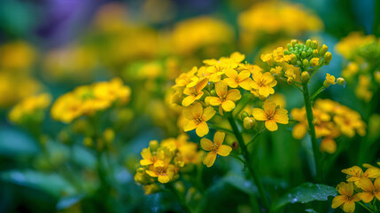 Soft-focus photograph of small yellow Aurinia saxatilis flowers blooming in a spring garden, also known as basket of gold, goldentuft alyssum, golden alison, gold-dust, or rock madwort.