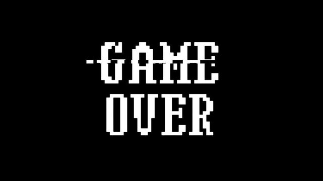 Game Over Pixel Text Animation Loop, Retro Arcade Screen Glitch Noise Effect, Vintage 8-bit Video Game Title