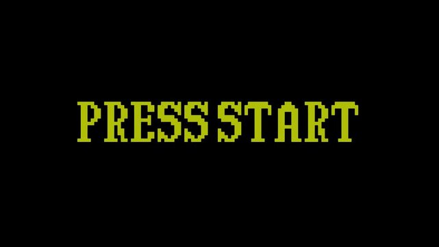 Retro 8-bit Pixelated Text Blinking Press Start Arcade Game Title Screen Overlay Motion Graphic