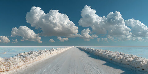 Endless Road to Horizon: A striking image of a long, pristine road stretches towards the horizon under a vast, bright blue sky with fluffy clouds. A journey of self-discovery.