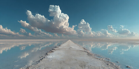 Limitless Horizon: An awe-inspiring landscape of a vast, tranquil expanse of mirroring salt flats stretches to the distant horizon under a captivating sky of fluffy clouds.