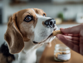 Canine Treat Time: A gentle hand offers a tasty treat to a curious Beagle, creating a moment of connection and playful anticipation.