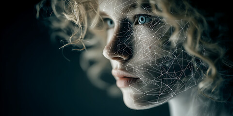 Cybernetic Gaze: A captivating portrait of a woman merges with futuristic technology. Lines of a digital network overlay her face, symbolizing the integration of human and machine.