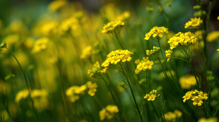 Obraz premium Soft-focus photograph of small yellow Aurinia saxatilis flowers blooming in a spring garden, also known as basket of gold, goldentuft alyssum, golden alison, gold-dust, or rock madwort.