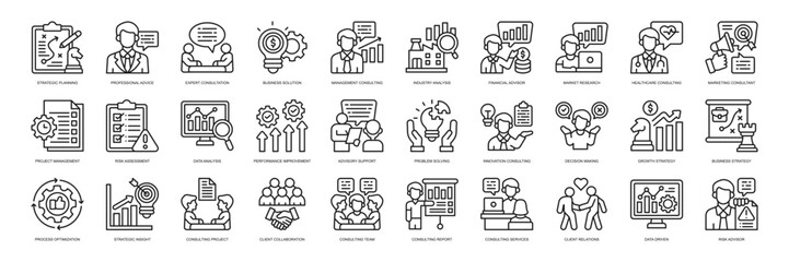 Management Consulting icon collection line style. containing Strategic Planning, Professional Advice, Expert Consultation, Business Solution, Management Consulting