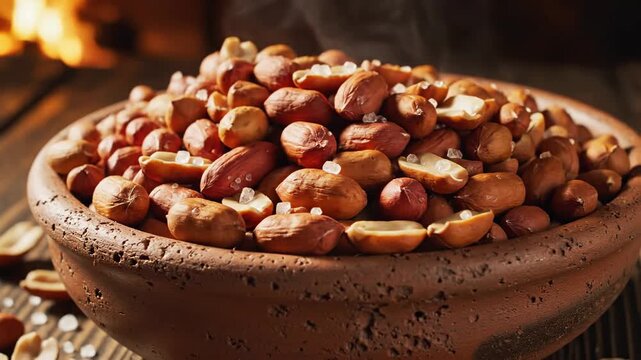 Close up of shelled peanuts in ceramic bowl on wooden surface