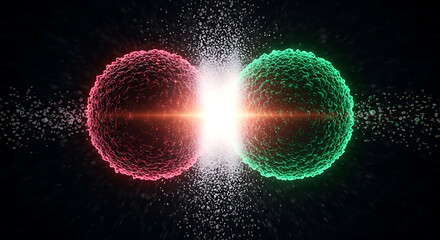 Two glowing orbs one red and one green collide in a bright flash of light against a dark background
