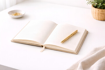Minimal open journal with gold pen on bright white desk creating elegant planning background with copy space and calm aesthetic
