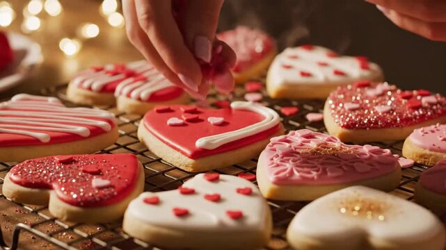 Decorating heart shaped cookies with icing on a wire rack close up