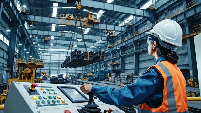 Female engineer operating a heavy crane in a modern industrial factory, overseeing production and material handling.