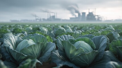 Cabbage field near industrial plant (defocused)