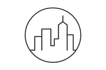 Monochromatic city skyline silhouette within a circle