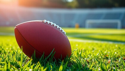 A brown American style football rests on green grass on a sunlit field, ready for intense competition and athletic plays,  brown,  green