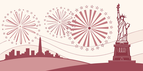 Naklejka premium USA, US, U.S, United States - American landmarks montage with statue of liberty capitol building fireworks celebration washington dc city skyline united states travel destinati 