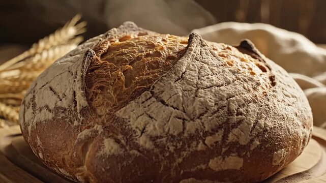 Freshly baked artisan bread loaf on wooden board with wheat stalks